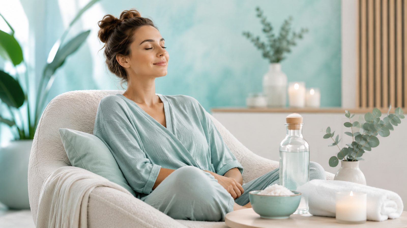 Soft float therapy room atmosphere for sleep, stress, and self-care