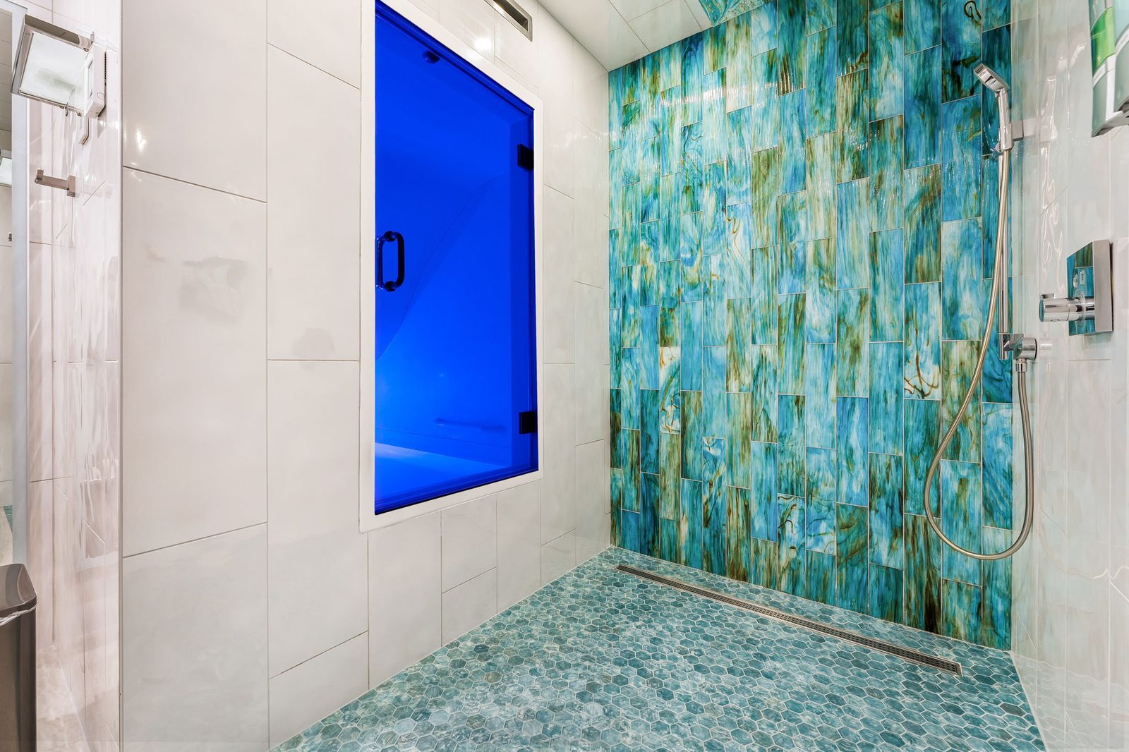 Float pod interior with cyan light