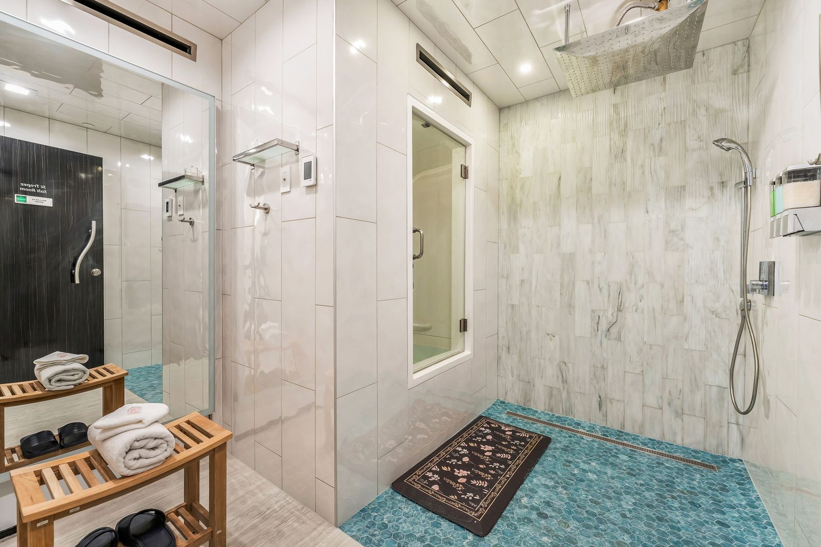 St. Tropez salt room with marble-tile shower