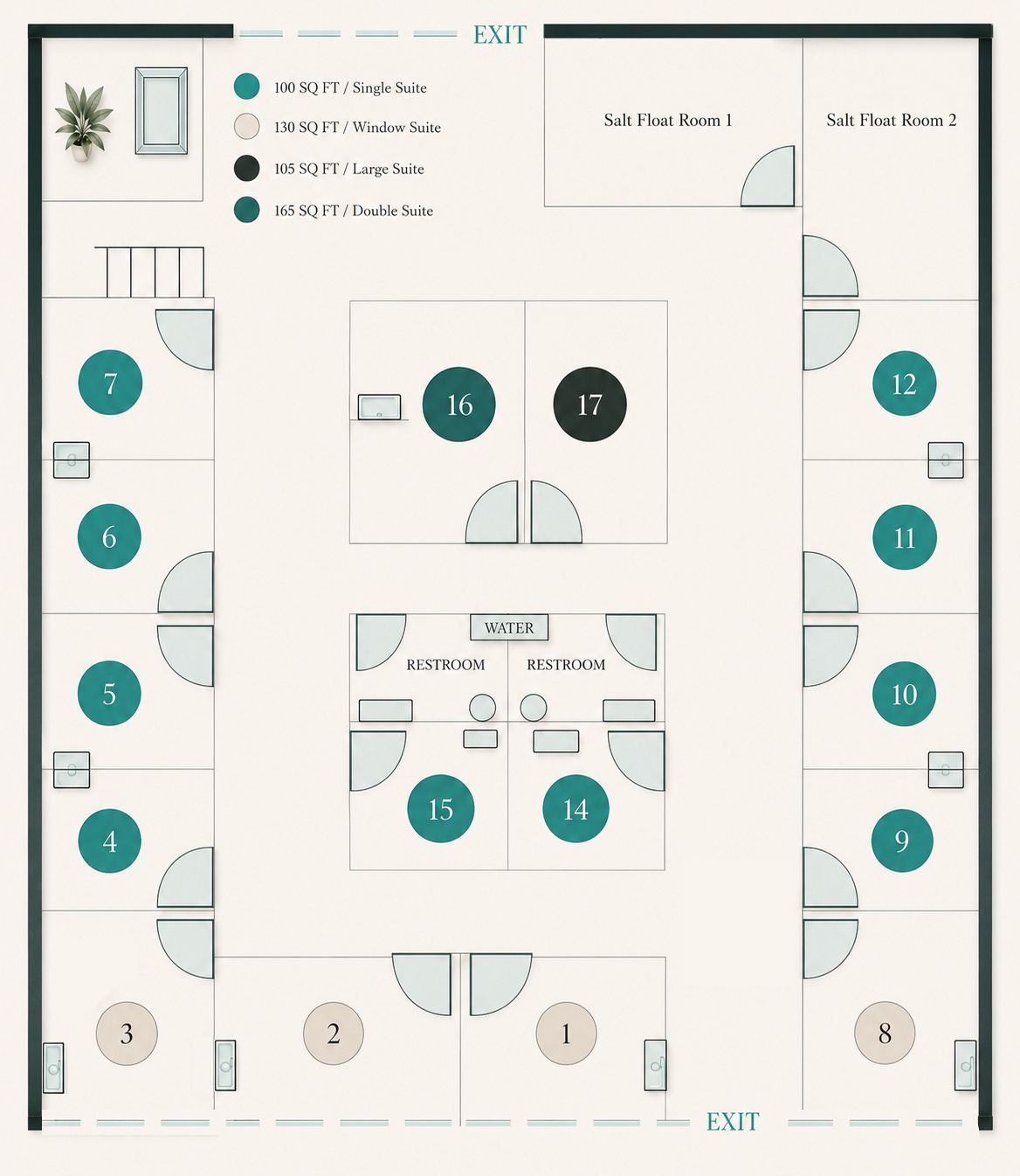 My Place Wellness Center floor plan showing 17 salon suites by size and two salt float rooms